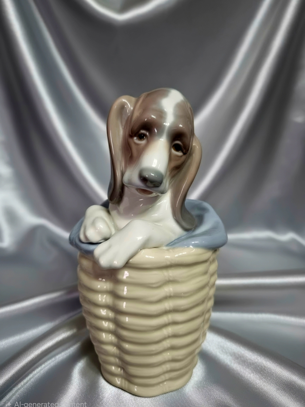 Retired Lladro Porcelain #1Lladro White & Brown Ceramic Puppy in Basket Figurine